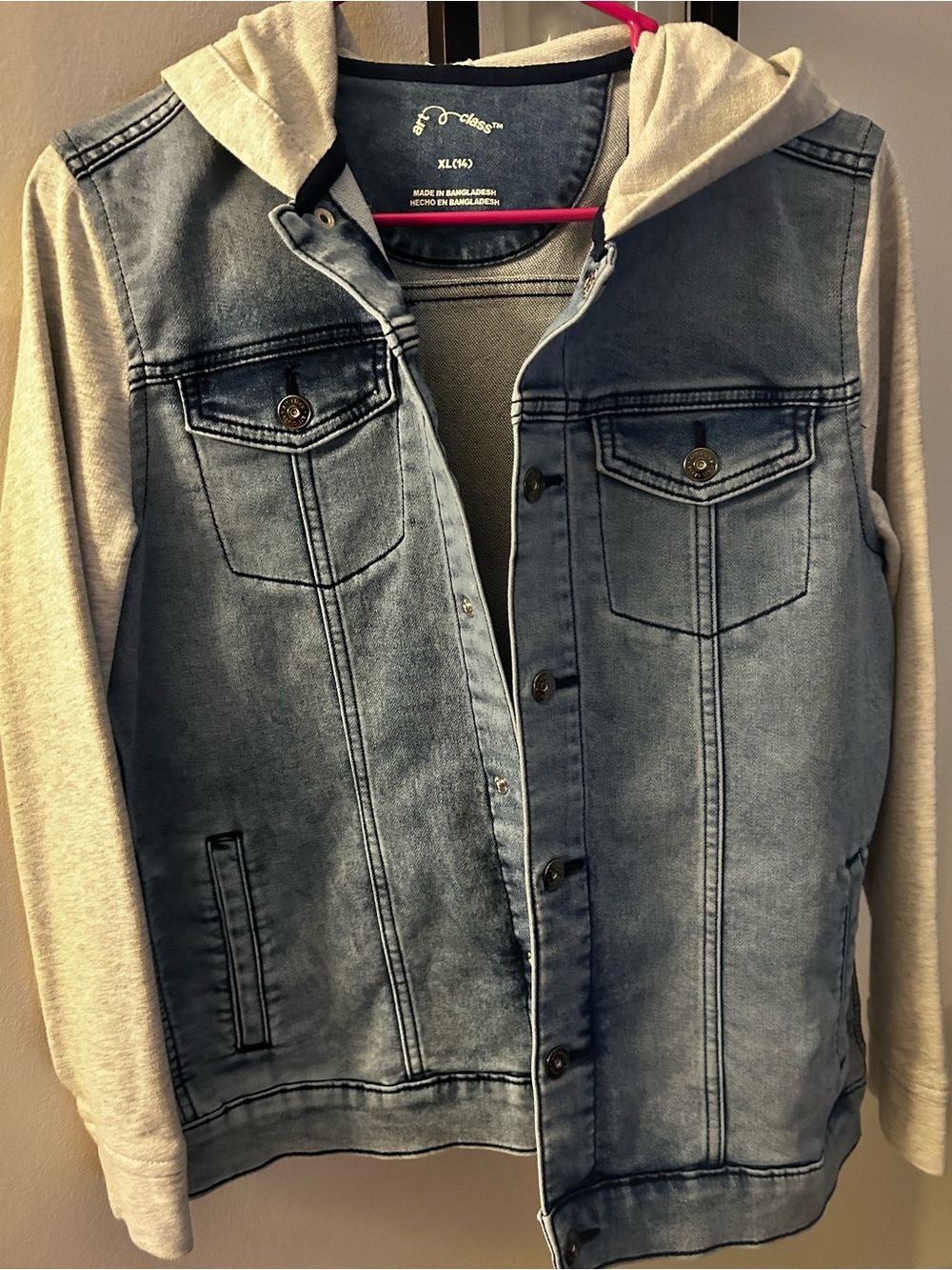 art class Blue Denim Jean Jacket with Cream Hoodie Sleeves